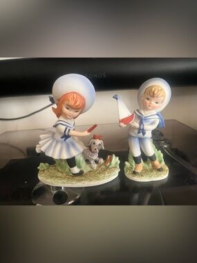 Lefton Bisque Sailor Girl and Boy Figurines Gold Foil, Made in Japan ‘50s